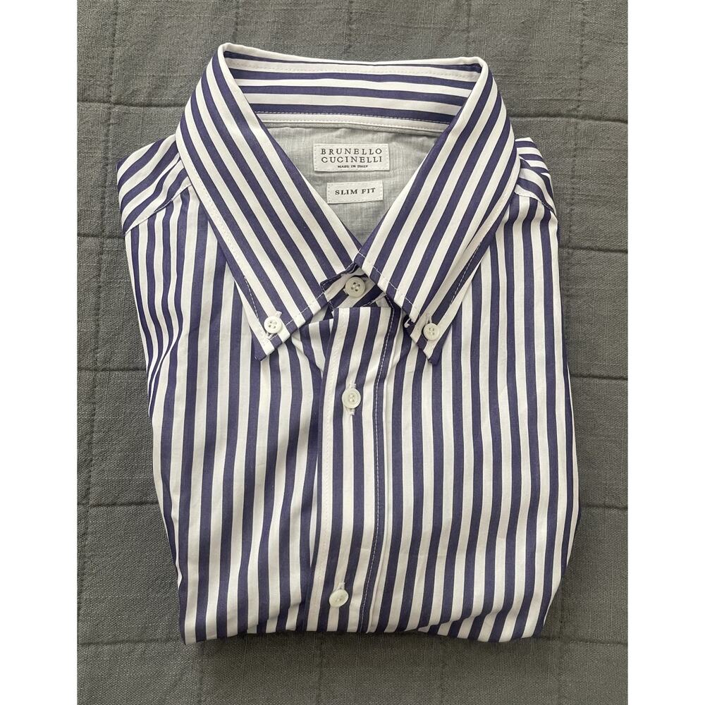 $950 NWT Brunello Cucinelli Striped Blue Slim Fit Long Sleeve Shirt Size 2XL